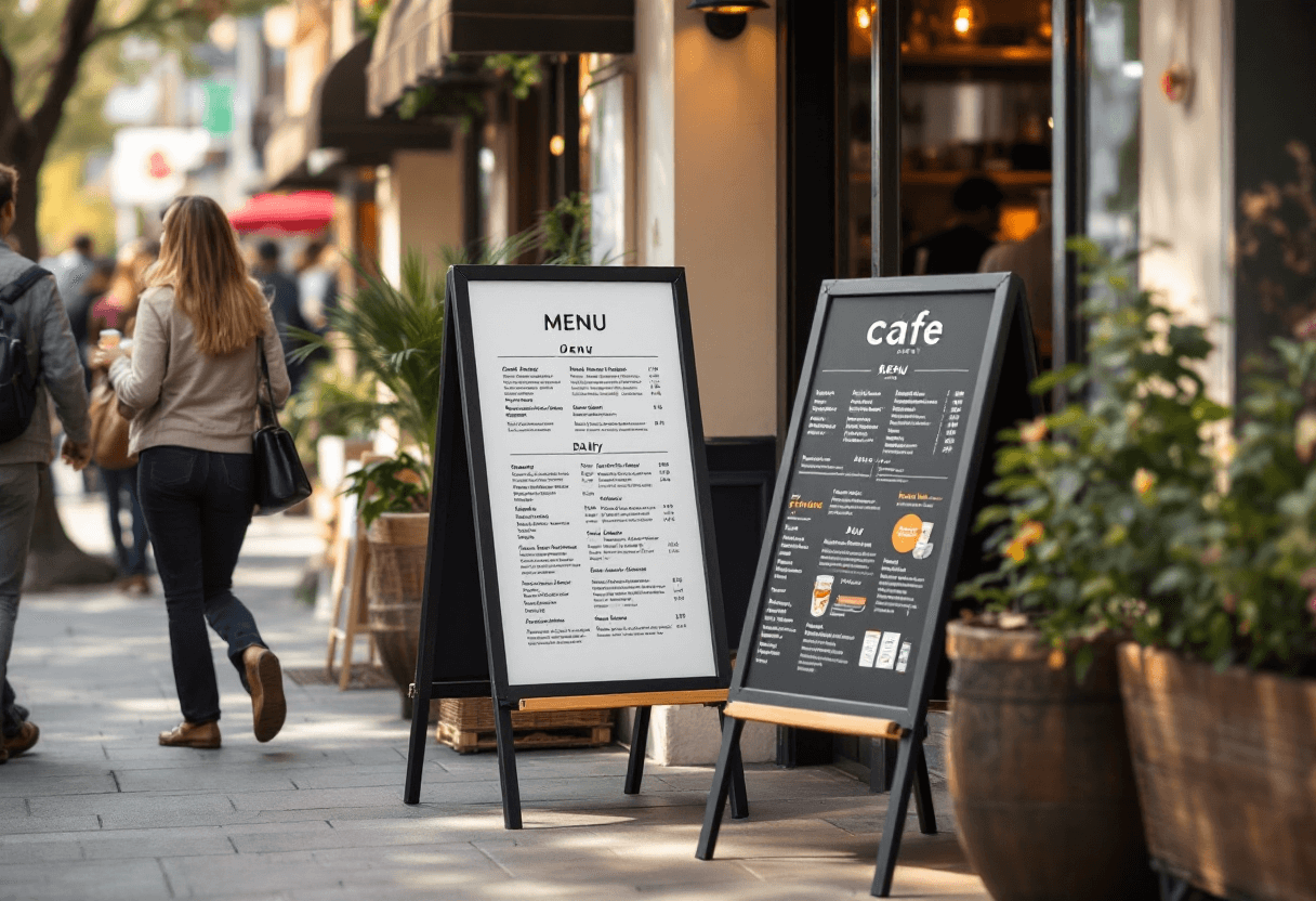 chevalet de trottoir personnalisé avec menu devant café