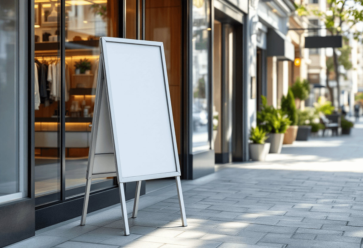 chevalet de trottoir double face en aluminium devant boutique