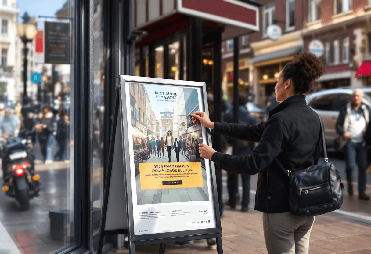 remplacement d’affiche sur chevalet de trottoir en ville